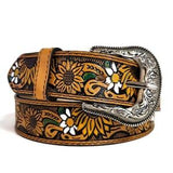 LEATHER BELT for WOMEN, Handmade , With Removable Buckle,Belt with Sunflower, Embossed,  Gift for Her