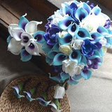 Blue Purple Cascade Bridal Bouquet Real Touch Flowers Calla Lily Ivory Roses Blue Purple Orchids Bridesmaids bouquet Boutonniers