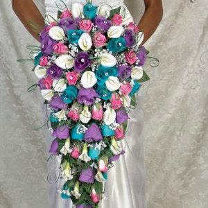 MALIBU FUSCHIA CASCADE wedding silk flowers bridal groom bridesmaids mothers roses calla lily bouquets bouquet blossoms boutonniere diamond
