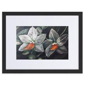 White orchids on black background Matte Paper Framed Poster,orchids painting,flowers wall art,home decoration gift.