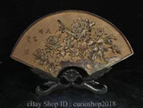 12 " Collect China Red Amber Carved Dynasty Peony Flower Bird Pattern Screen Fan