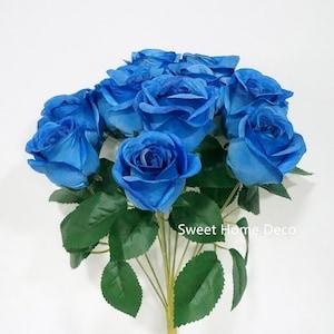 JennysFlowerShop 16'' Silk Rose Artificial Flower Bouquet (12 stems/12 flowers) Wedding Home Decors Valentines Holiday Gift (Royal Blue)