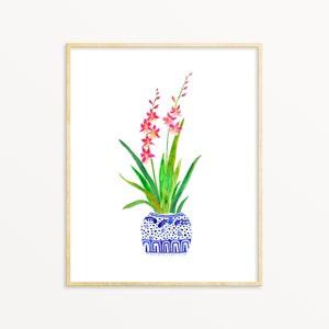 Traditional Watercolor Flowers. Blue & White Ginger Jar Art Print. Ginger Jar Orchid Art Print. Pink Orchid Painting. Watercolor Orchid Art.