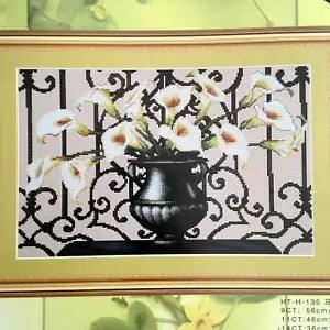 Huatian White Calla Lilies In Black Urn Counted Cross Stitch Picture Kit 14x9