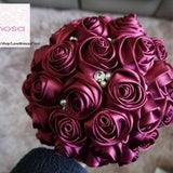 Satin Rose Bouquet- Burgundy / Deep Red Flower accented with rhinestone