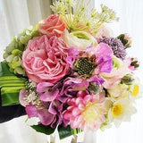 Premium silk flower luxury bouquet with Real touch rose, dahlia, daffodil, ranunculus, hydrangea, dill, scabiosa, aspidistra leaves