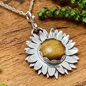Sunflower Pendant, Sterling Silver Necklace, Tiger's Eye Stone, Handmade Jewellery, Veritas Silver Designs,