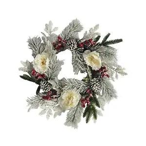 Winter wreath with frosted pine branches, red berries, and dark accents, circular 20in