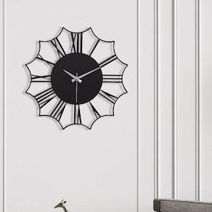 Sunflower Shaped Large Metal Wall Clock, Roman Numeral, Silent Sweep Quartz, Laser Cutting, Wall Decoration for Indoor, Floral Metal Art