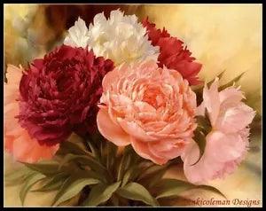 Pink Peonies - Chart Counted Cross Stitch Pattern Needlework Embroidery DIY DMC