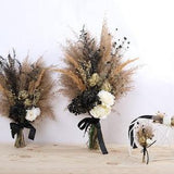 Black ivory gold pampas grass bouquet, gothic wedding bouquet with ivory peonies and gold roses, black gold wedding bouquet