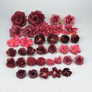 35Pcs Wine red Artificial flower heads Combo Set/4-12cm Rose,Peony,Silk flower,Bulk Fake flowers for Handmade DIY Wedding Home Decoration