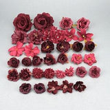 35Pcs Wine red Artificial flower heads Combo Set/4-12cm Rose,Peony,Silk flower,Bulk Fake flowers for Handmade DIY Wedding Home Decoration