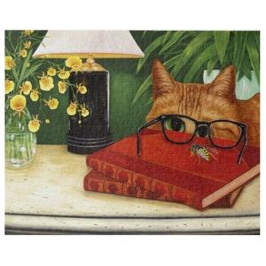 Orange tabby and orchids whimsical jigsaw puzzle. Cat looking through eyeglasses on red book at a bee. Unique gift for ginger cat lovers.