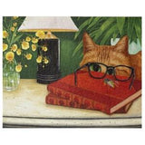 Orange tabby and orchids whimsical jigsaw puzzle. Cat looking through eyeglasses on red book at a bee. Unique gift for ginger cat lovers.
