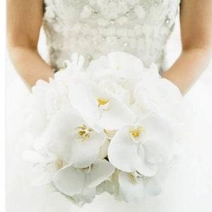 Phalaenopsis orchids bridal bouquet, white orchids bride bouquet, cascade bridal bouquet, groom buttonhole, wrist corsage