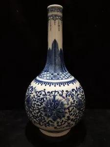 14.5" Old China qing dynasty kangxi mark Porcelain Blue white peony flower vase