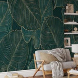 Dark Green Monstera Leaves with Golden Line Art Wallpaper, Peel and Stick Leaf Wallpaper, Self Adhesive Nature Wallpaper for Bathroom