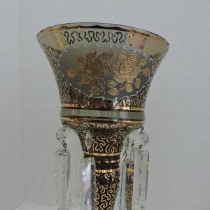 Gold Gilt Rose Bouquet Bohemian Design Single Mantle Lustre 12 3/4 Inches Tall Style Candleholder w/ 8 Clear Hanging Crystals Candle Holder