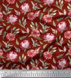 Soimoi Red Velvet Fabric Leaves & Peony Floral Printed Fabric 1-wx8