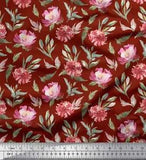 Soimoi Red Velvet Fabric Leaves & Peony Floral Printed Fabric 1-wx8