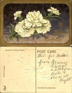 Easter white flowers carnations? gold gilt unmailed vintage postcard