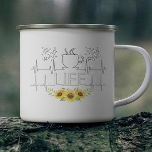 Lightweight Coffee Cup Image Camping Mug, Life, EKG Heartbeat, 12 oz Stainless Steel Rim with Enamel Coating