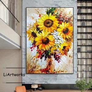 Large Sunflower Texture Oil Painting on Canvas,Modern Yellow Floral Acrylic Painting,Boho Wall Art,Floral Landscape Wall Art,Wall Decor