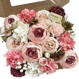 Peonies Artificial Flowers Pink Bouquet Box Set Fake Peony C (Pink, Beige)