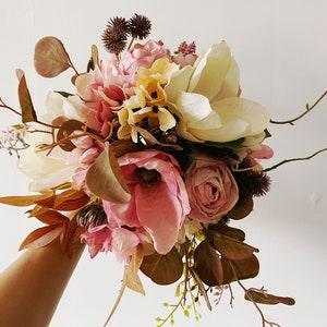 Magnolia & Rose Fall Bouquet, Small Ivory White/Pink Wedding Bouquet, Bride/Bridesmaids Bouquet, Small Silk Flower Bouquet, Rustic Bouquet
