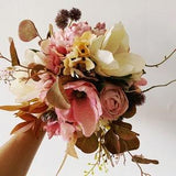 Magnolia & Rose Fall Bouquet, Small Ivory White/Pink Wedding Bouquet, Bride/Bridesmaids Bouquet, Small Silk Flower Bouquet, Rustic Bouquet
