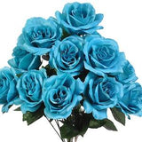 12 Open Turquoise Roses, Artificial Flowers, Malibu Blue, Wedding Arrangement, Bridal Bouquet, Centerpiece, Teal Fake Head Faux Silk Flowers