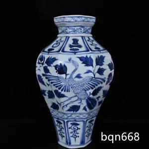 17.3"Antique yuan dynasty Porcelain marked Blue white Phoenix peony flowers vase