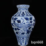 17.3"Antique yuan dynasty Porcelain marked Blue white Phoenix peony flowers vase