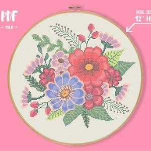 Flower cross stitch pattern, Floral Embroidery, Modern Easy colorful peonies bouquet, wall decor diy art, nature natural embroidery