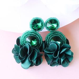 Dark Emerald Green Circle Beaded Floral Rhinestone Earrings, Flower Tassel Beadwork Statement Earrings, Bridesmaid Seed Bead Embroidered