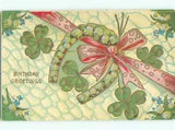 NEW LISTINGPre-Linen LILY OF THE VALLEY FLOWERS ON LUCKY HORSESHOE WITH PINK RIBBON k7825