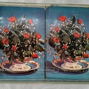 Vintage Two (2) Sets of Playing Cards Red Roses Bouquet in Teacup with Plastic Box