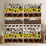 Yellow Sunflower Curtain Set, Rustic Animal Bear Cow Silhouette Window Curtains, Brown Cowhide Splicing Stripes Window Drapes, Handmade