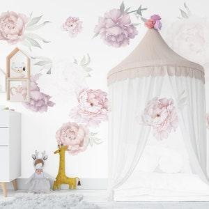 Above crib flower Peony decals, Girl nursery decor floral, Pink and White peony wall sticker, Peel and stick Decal peonies Girls Room
