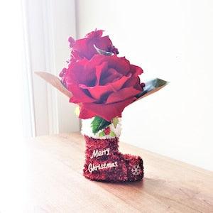 Red Rose Flower Arrangement, Holiday Floral Bouquet, Winter Flower Centerpiece, Christmas Centerpiece, Table Centerpiece, Santa Boot Decor