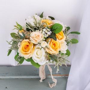 Yellow white silk Rose greenery Bridal bouquet,wedding bouquet, wedding flowers ,bridesmaid wedding flowers, rustic boho wedding