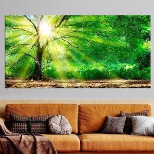 Forest wall art Extra large room decor Sunny photography print Wide Green Oversized wall art Canvas wall art Ready to hang New