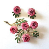 Mid Century Coro Pink Rose Flower Bouquet Brooch and Earrings