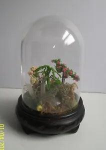 Vintage Dried Flower with Quartz Crystals Glass Dome on Wood Base