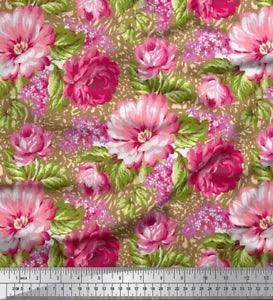Soimoi Brown Cotton Poplin Fabric Leaves & Peony Floral Print Fabric-Zkh