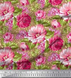 Soimoi Brown Cotton Poplin Fabric Leaves & Peony Floral Print Fabric-Zkh