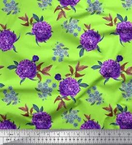 Soimoi Green Velvet Fabric Leaves & Peony Floral Print Fabric by-W0S
