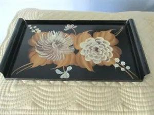 Hand Painted Cream Mums & Carnations Flowers Metal Dresser Jewelry Tole Tray