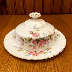 Royal Albert Moss Rose Covered Butter Dish with Under Plate
